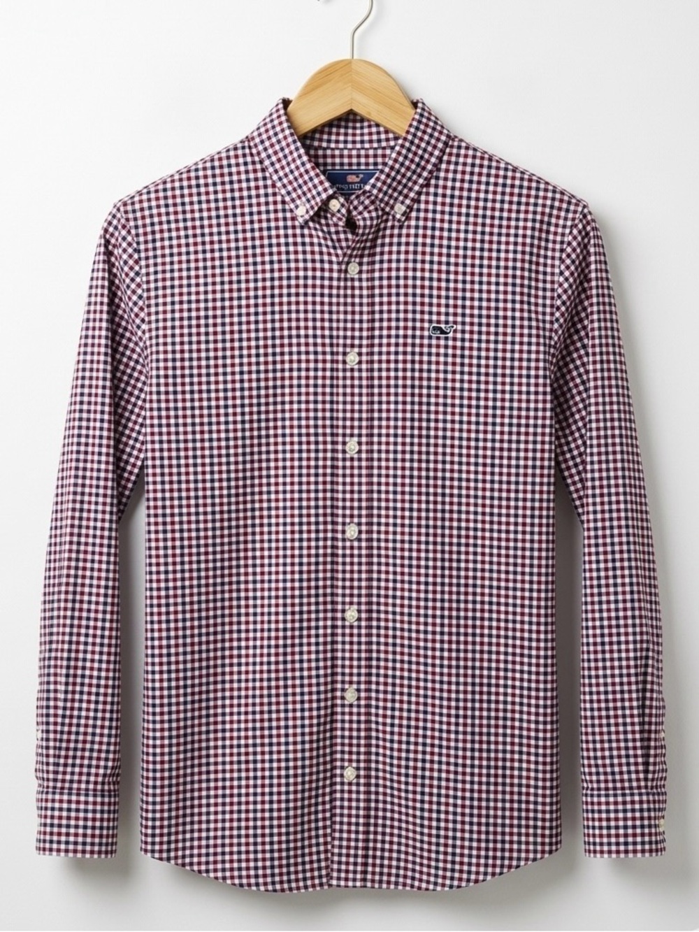 Vineyard Vines Youth Crimson Red and Navy Gingham Button-Down Performance Shirt